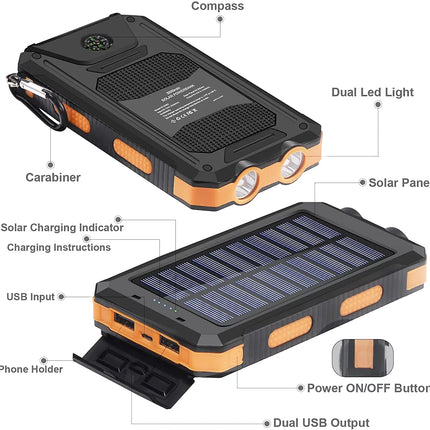 20000Mah Solar Charger for Cell Phone Iphone, Portable Solar Power Bank with Dual 5V USB Ports, 2 LED Light Flashlight, Compass Battery Pack for Outdoor Camping Hiking(Orange)