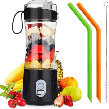 Portable Blender, Personal Mixer Fruit Rechargeable USB with 2 Straws, Mini Blender for Smoothie, Fruit Juice, Milk Shakes 380Ml, Six 3D Blades for Great Mixing (Black)