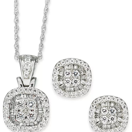 2-Pc. Set Diamond Halo Heart Cluster Pendant Necklace & Matching Stud Earrings (1 Ct. T.W.) in 10K White Gold (Also in round & Square)