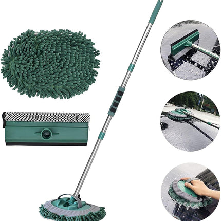 Car Wash Brush with Long Handle - 3 in 1 Car Cleaning Mop, Chenille Microfiber Mitt Set, Adjustable Length 24In-43In Glass Scrabber Vehicle Cleaner Kit, Green