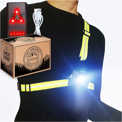 AVANTO Triple Beam Chest Lamp, Original, 500 Lumen LED Night Running Lights for Runners, Dog Walking Light, Long 5-7H Usetime, USB-C Rechargeable Battery, Running Headlamp, Reflective Vest