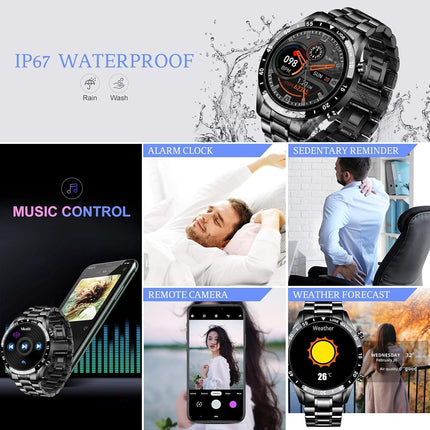 Smart Watch for Android Ios, Bluetooth Calls Voice Chat with Heart Rate/Sleep Monitor Fitness Tracker, 1.3" Full Touch Screen IP67 Waterproof Stainless Steel Activity Tracker for Men