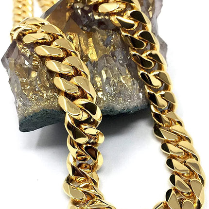 14MM Gold Chain 14K Miami Cuban Link Curb Necklace for Men Boys Fathers Husband Perfect Gift Hip Hop Rapper Chain