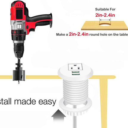 Desktop Power Grommet,Desk Grommet Outlet 2 Inch Hole,Power Grommet with USB, Easy Access to 1 Power Source along with 2 USB Power Port Connections(White)