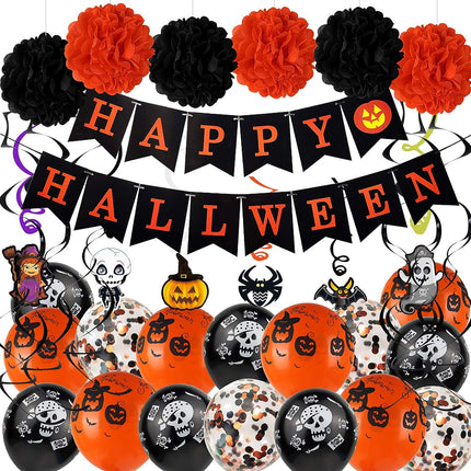 Halloween Party Decorations Kit, Happy Banner, Latex Balloons Are Printed with Patterns, Hanging Swirls, Paper Garlands Home Party Halloween Decoration Supplies（48 Pack ）