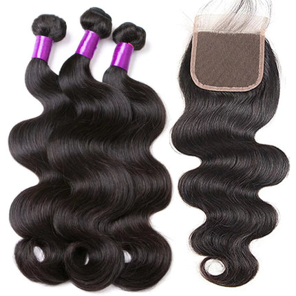 Body Wave 3 Bundles with Closure (18 20 22+16) 100% Unprocessed Brazilian Body Wave Human Hair Bundles with 4X4 Lace Closure Free Part Natural Color