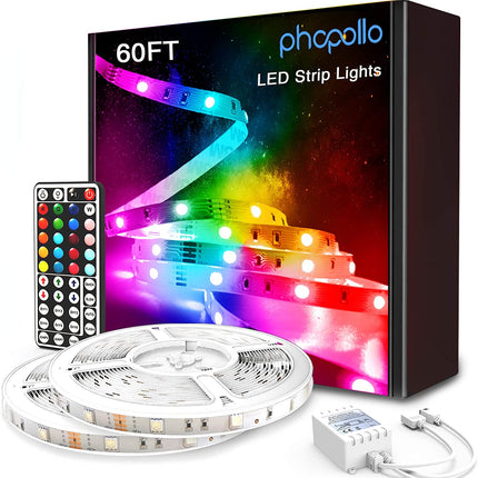 Led Strip Lights 60Ft 5050 RGB Flexible Led Lights with 44 Keys Remote Controller and 12V Power Supply