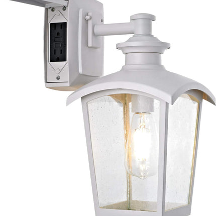 31856 Spence 1-Light Outdoor Wall Lantern with Seeded Glass and Built-In GFCI Outlet, White