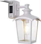 31856 Spence 1-Light Outdoor Wall Lantern with Seeded Glass and Built-In GFCI Outlet, White