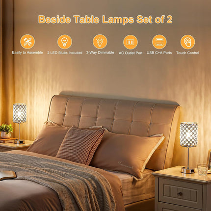 Table Lamps for Bedroom Set of 2-Crystal Table Lamp with USB C+A Ports & AC Outlet Sliver Nightstand Touch Lamp with 3-Way Dimmable Bedside Side Desk Lamp for Living/Bedroom (LED Bulb Included)