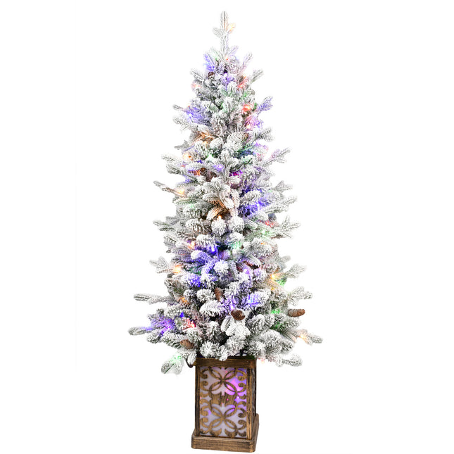 4ft Pre-lit Potted Porch Christmas Tree Small Slim Christmas Tree With Multicolor Lights Twinkle Potted Xmas Tree With Mixed PE, Metal Glint Basin, 8 Color Mode For Entrance, Yard,Pathway Decor