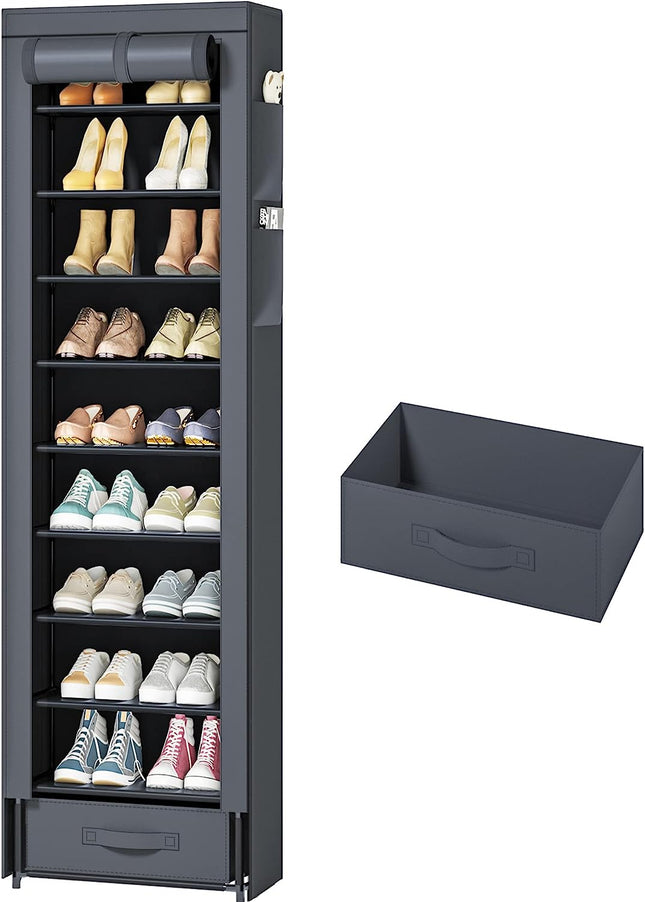 Shoes Rack 10 Tier Tall Narrow Shoe Rack with Bin Covered Shoe Shelf Storage Organizer Closet Stackable Shoe Stand