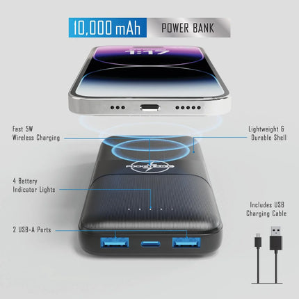 Wireless Pro, 10,000Mah Portable Power Bank with Wireless Charging, USB, and Built-In Lightning and USB-C Cables, Black