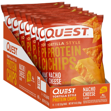 Quest Tortilla Style Protein Chips with 18G of Protein, Nacho Cheese Flavor, 1.1 Oz Bags, 8 Count