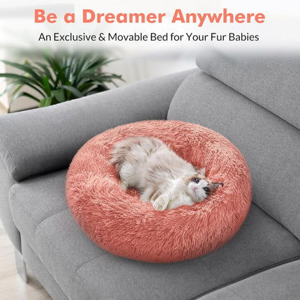 Cat Beds for Indoor Cats, 20 Inches Cat Bed Machine Washable, Fluffy round Pet Bed Non-Slip, Calming Soft Plush Donut Cuddler Cushion Self Warming for Small Dogs Kittens, Light Pink