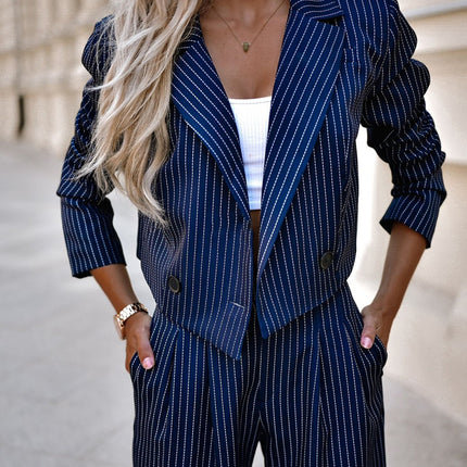 Fashion Striped Suits Casual Lapel Long Sleeve Cropped Top And Straight Pants Outfits Women's Clothing