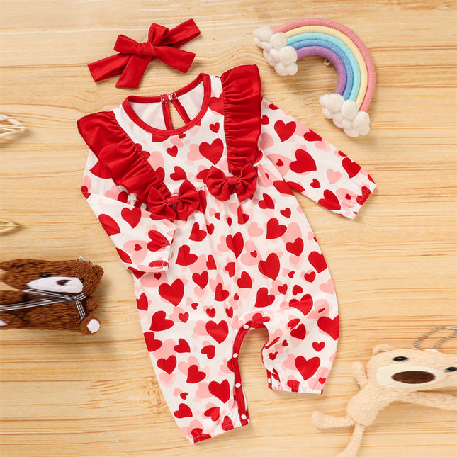 Baby Valentine's Day Romper, Heart Print Long Sleeve Bodysuit With Bow And Ruffle Trim