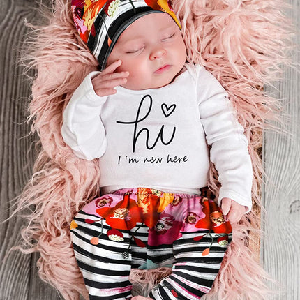 Newborn Baby Girl Clothes Hi I'M New Here Newborn Outfit Infant Romper Floral Pants Cute Baby Girl Outfits 4PC Set