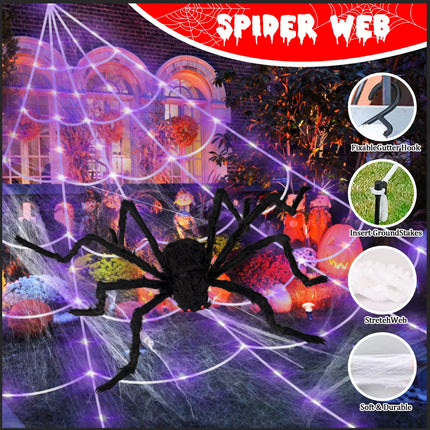 23 FT Spider Web Decor and 290 LED Halloween Lights with 78.7 in Large Spider Halloween Outdoor Decoration