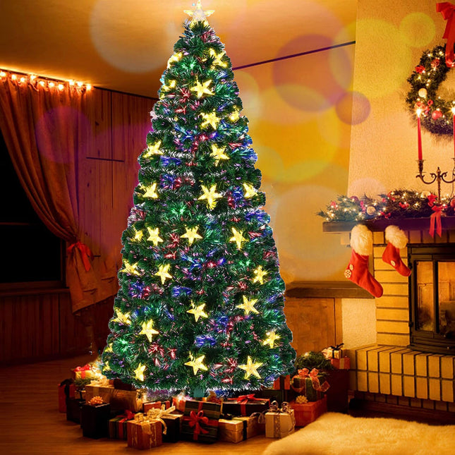 7FT Pre-lit Fiber Optic Christmas Tree With Large Stars, Artificial Xmas Tree Spruce Tree Green Tree With Metal Stand,Full Tree For Holiday Decoration
