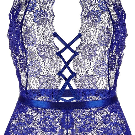 Plus Size Lingerie for Women Sexy Halter Teddy Bodysuit Lace Deep V One Piece Chemise Clubwear Blue,Xxl