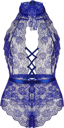 Plus Size Lingerie for Women Sexy Halter Teddy Bodysuit Lace Deep V One Piece Chemise Clubwear Blue,Xxl