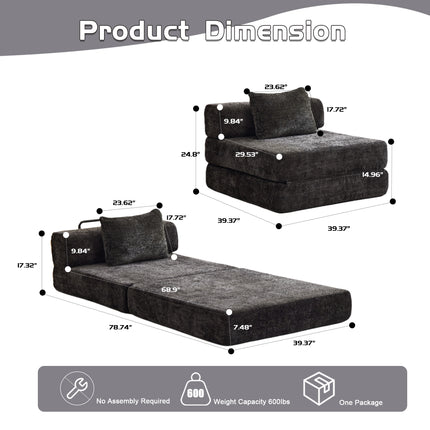 Compression Sofa,Convertible Floor Sofa Bed With Fixed-Shape Frame,Single Seater Boneless Modular Sectional Sofa,No Assembly Required,Chenille Fabric,for Living Room Bedroom,Black