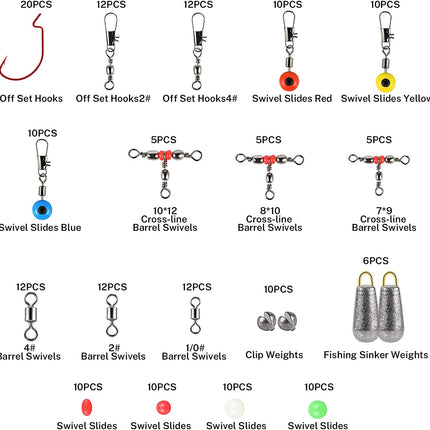 Fishing Tackle Set 180Pcs, Fishing Accessories Set with Tackle Box Including Barrel Swivels，Off Set Hooks，Swivel Slides，Cross-Line Barrel Swivels