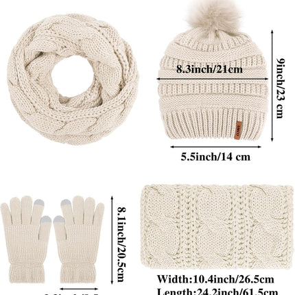 Womens Winter Warm Sets Knitted Fur Pompoms Beanie Hat Circle Loop Scarf Touch Screen Gloves Winter Favor Accessories