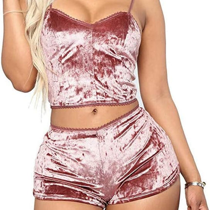 Women'S Velvet 2 Piece Outfit Spaghetti Strap Sleeveless Crop Top Camisole and Shorts Pajamas Set Sleepwear Nightwear