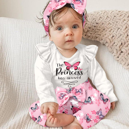 Baby Girl Clothes, Newborn Girl Letter Print Romper Tops +Cute Pants +Hat +Headband 4PCS Spring Summer Outfits Set