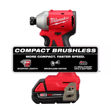 M18 18-Volt Lithium-Ion Compact Brushless Cordless 1/4 In. Impact Driver Kit with One 2.0 Ah Battery, Charger & Tool Bag