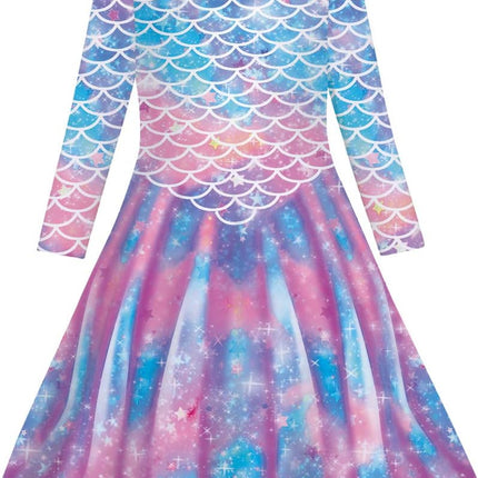 Girls Mermaid Long Sleeve Dress Spring Fall Kids Mermaid Tail Galaxy Birthday Party Dress Spring Winter for 6-7 Years