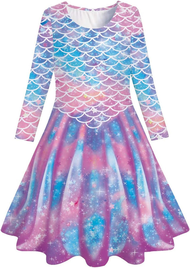 Girls Mermaid Long Sleeve Dress Spring Fall Kids Mermaid Tail Galaxy Birthday Party Dress Spring Winter for 6-7 Years