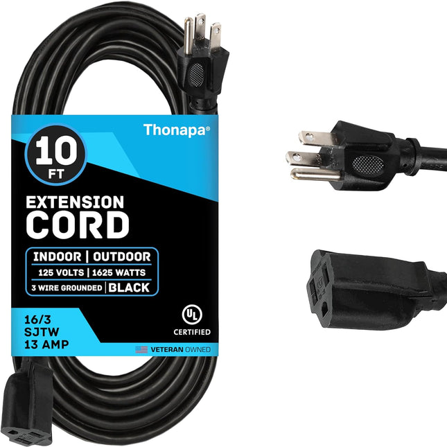 13 Amp Outdoor Extension Cord 10 Ft, 16/3 SJTW 10 Foot Black Extension Cord 3 Prong, Weatherproof Exterior Power Cable for Outdoor Outdoor Lights & Lawn, UL Certified - US Veteran Owned