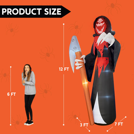 12 FT Halloween Inflatable Giant Grim Reaper Decoration with Built-In Leds,Grim Reaper with Scythe Halloween Decorations Outdoor Blow up Yard Lawn Decoration