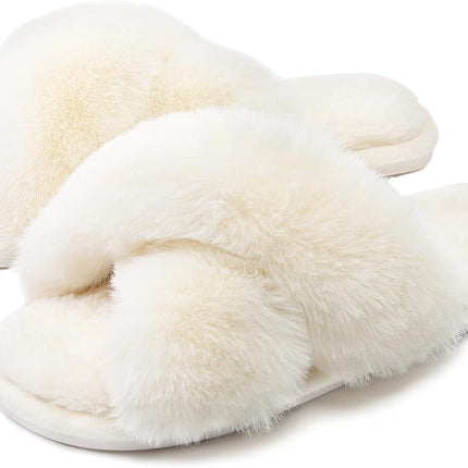 Womens Cross Band Slippers Cozy Furry Fuzzy House Slippers Open Toe Fluffy Indoor Shoes Outdoor Slip on Warm Breathable Anti-Skid Sole