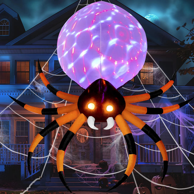 8 FT Halloween Inflatables Spider with Rotating Colorful Light,Light up Spider with Orange Eyes Halloween Blow up Yard Decorations,Outdoor Halloween Decor