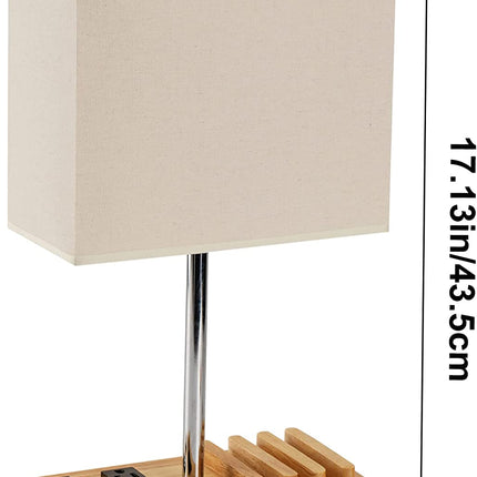 Desk Lamp with 3 USB Charging Ports, Table Lamp with 2AC Outlets and 3 Phone Stands, Nightstand Bedside Lamp with Natural Wooden Base and Cream Linen Shade