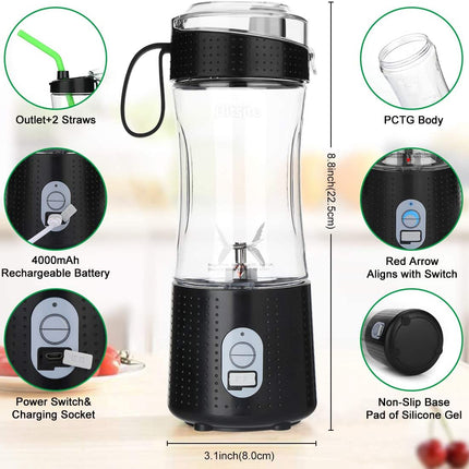 Portable Blender, Personal Mixer Fruit Rechargeable USB with 2 Straws, Mini Blender for Smoothie, Fruit Juice, Milk Shakes 380Ml, Six 3D Blades for Great Mixing (Black)