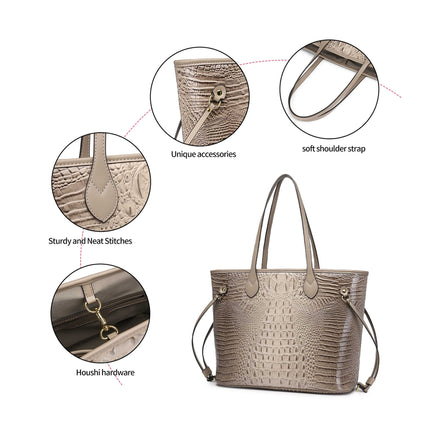 Croco Skin Shoulder Handbag with Wallet for Women. Designer Inspired Tote Bags. Beige Color. Size: (13.5 X 6.5 X11.5)