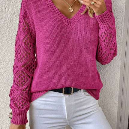 Solid V-neck Pullover Sweater With Hollow Long Sleeve Fashion Tops For Women Clothing