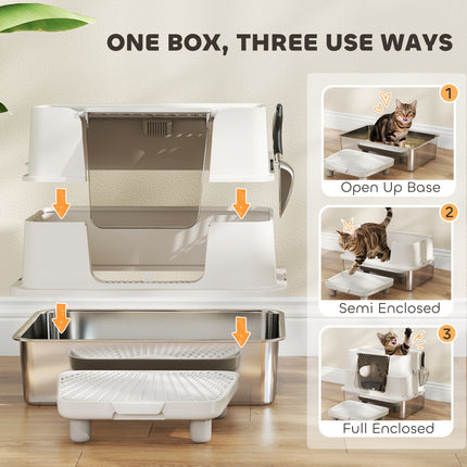 XL Stainless Steel Litter Box w/ 100° Flip Top, Scoop, Step, Top & Side Entry Enclosed Litter Box for Big Cats