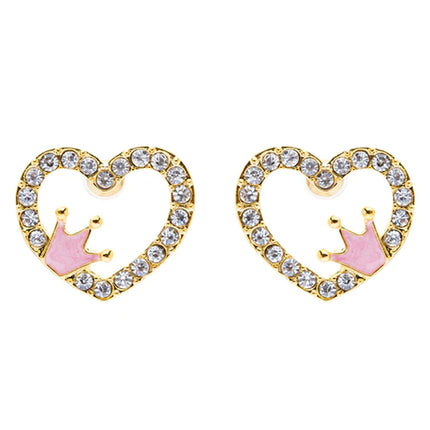 Sparkle Heart Shape with Crown Fashion Medium Stud Earrings Valentine Love Gold