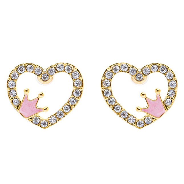 Sparkle Heart Shape with Crown Fashion Medium Stud Earrings Valentine Love Gold