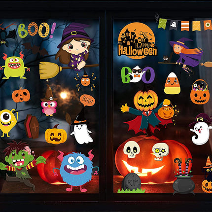 200PCS Halloween Window Clings Cute Halloween Window Clings Cute Pumpkin Witch Ghost Halloween Window Stickers Halloween Decorations Party Supplies（9 Sheets）