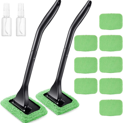 2 Pack Windshield Cleaning Tool Windshield Cleaning Wand Auto Window Cleaner with Detachable Handle, 8 Pieces Reusable Cloth Pads and 2 Pieces Spray Bottles for Car Interior (Green)