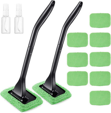 2 Pack Windshield Cleaning Tool Windshield Cleaning Wand Auto Window Cleaner with Detachable Handle, 8 Pieces Reusable Cloth Pads and 2 Pieces Spray Bottles for Car Interior (Green)