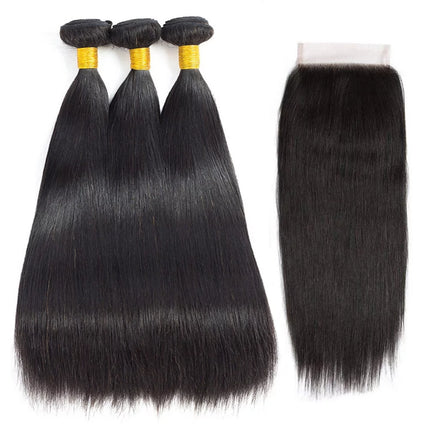 Straight Human Hair Bundles with Closure (20 22 24+18Inch) Brazilian Straight Hair 3 Bundles with Lace Closure 4X4 Free Part 100% Human Hair Bundles Natural Color