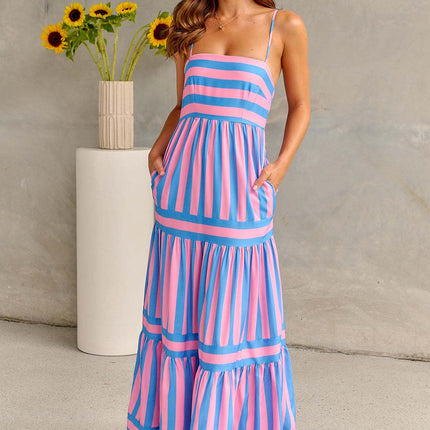 Summer Striped Printed Suspender Long Dress With Pockets Fashion Square Neck Backless Dresses For Beach Vacation Women Clothing